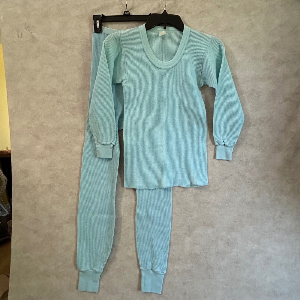 Vintage Thermal Underwear Set Light Blue Waffle Knit Top Leggings Medium